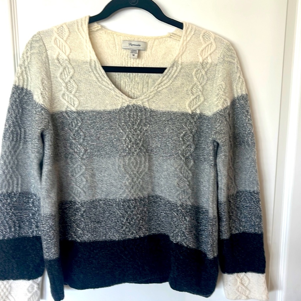 EUC Faconnable cream & gray large striped lambs wool fisherman’s sweater…